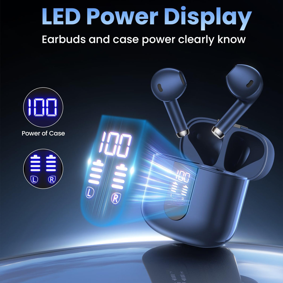 Wireless Earbuds, Bluetooth Headphones with Deep Bass Stereo, 48H Playback Ear Buds with LED Power Display Charging Case，Lightweight, IPX7, in-Ear Earphones with Mic for for Phone Tablet Laptop, Blue