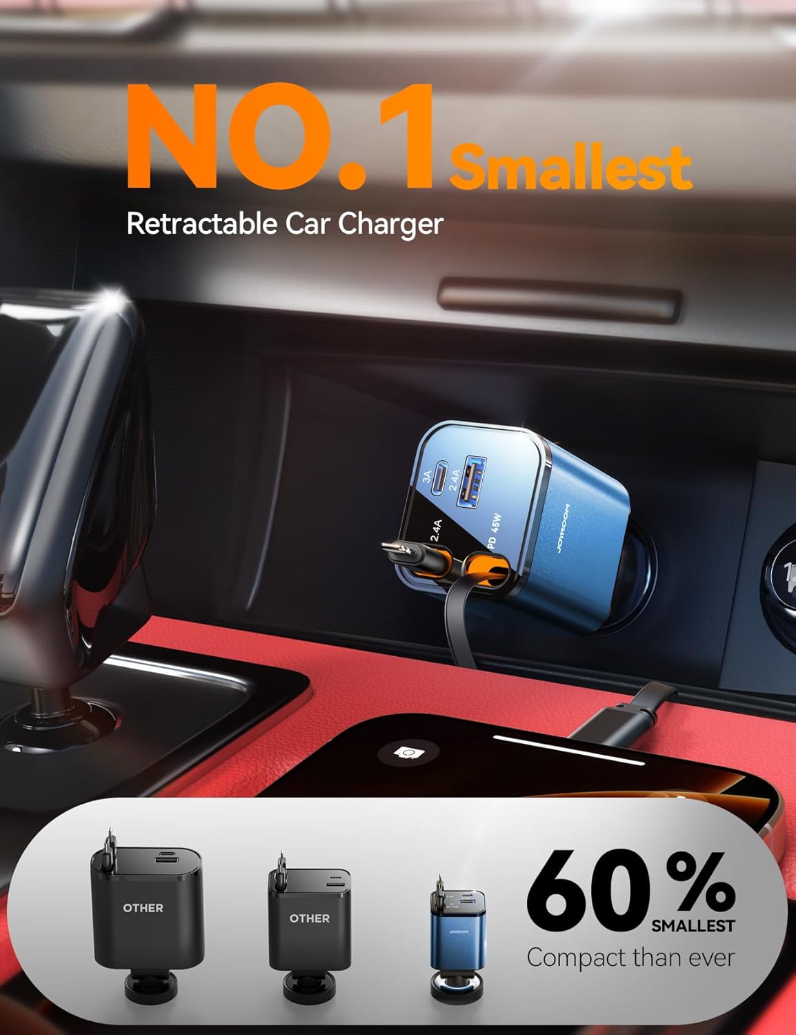 [2025 Ultra-Compact] Retractable Car Charger USB C 84W Car Accessories Adapter for iPhone 16 Fast Charging, Car Travel Essentials Gifts for Women Men, Car Phone Charger for iPhone 16e 15 Pro Max, Blue