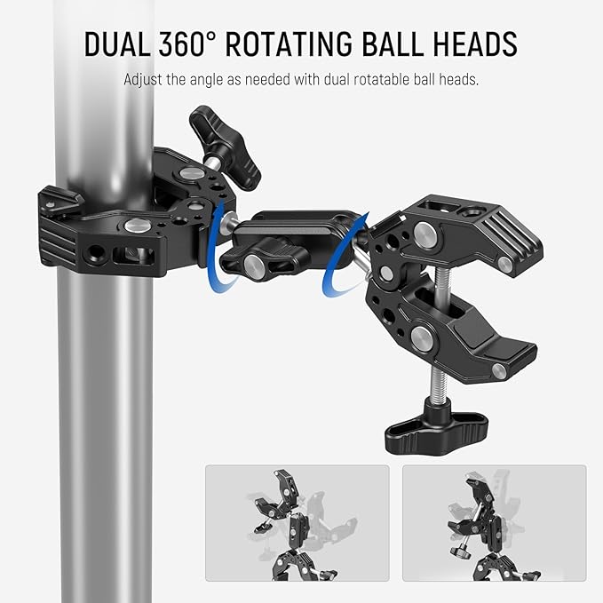 Neewer Double Super Clamp Camera Mount with Magic Arm, Cold Shoes for Desk Studio Light Stand Holder Photography Reflector, Flag, Cross Bars, Motorcycle, Umbrella, Pole Stick Shoot Accessories Tools
