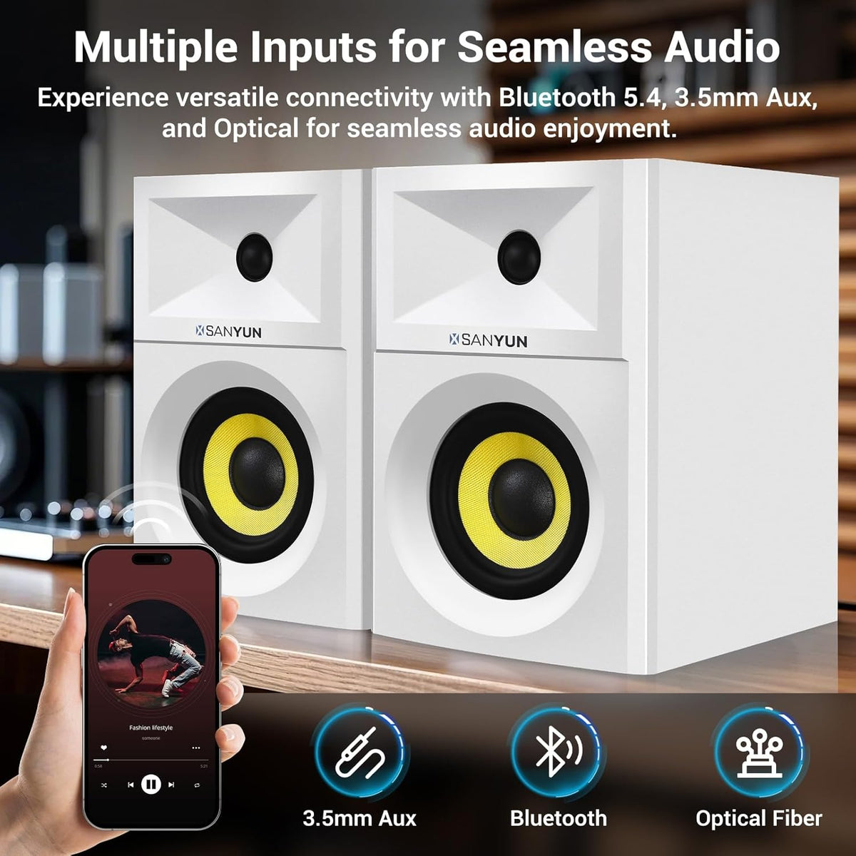 SW205 4" Bookshelf Speakers | Immersive HiFi Audio with Virtual Surround | Flagship DAC/DSP Engine | Geometric Diffusion Cabinet | 80W, Bluetooth 5.4/Optical/AUX Inputs, Wireless Remote, White