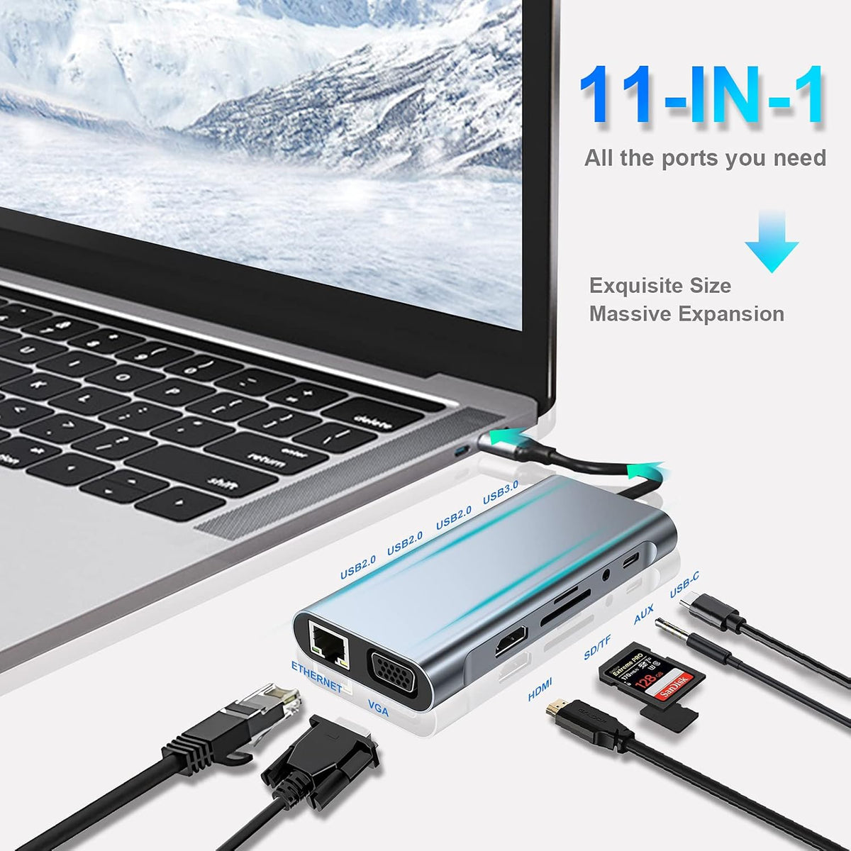 USB C HUB, USB C Adapter 11 in 1 Dongle with 4K HDMI, VGA, Type C PD, USB3.0, RJ45 Ethernet, SD/TF Card Reader, 3.5mm AUX, Docking Station Compatible with MacBook Pro/Air, Other Type C Laptops