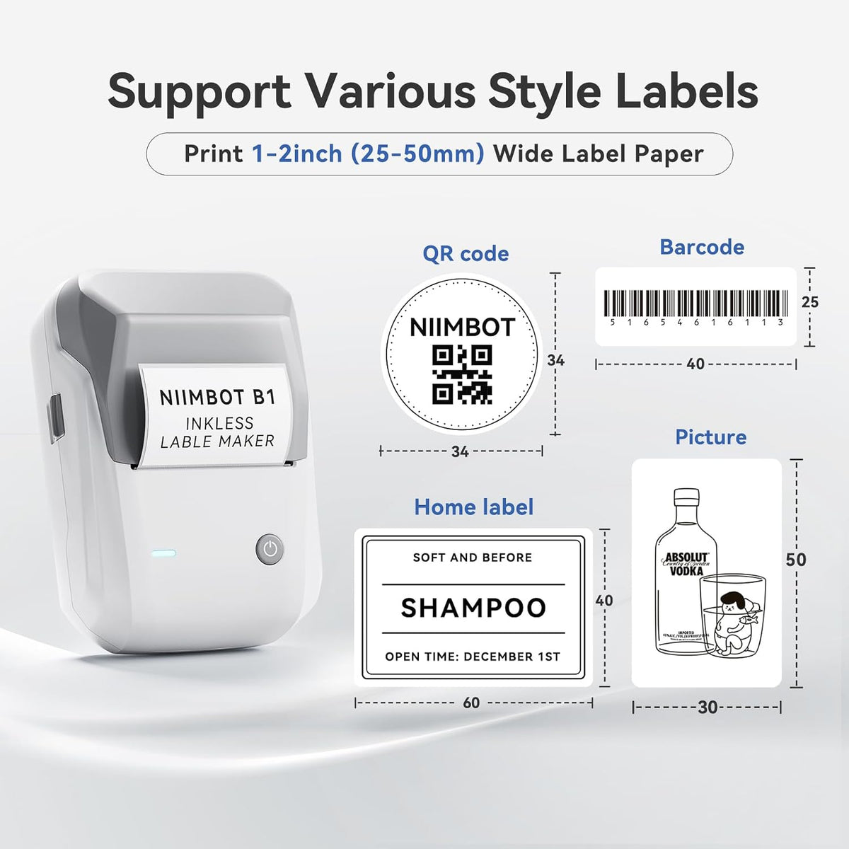 NIIMBOT B1 Label Maker Machine with Tape, Thermal Label Printer Easy to Use for Office, Home, Business, 2 Inch Label Maker with 2'' x1.18'' Labels-230pcs/Roll