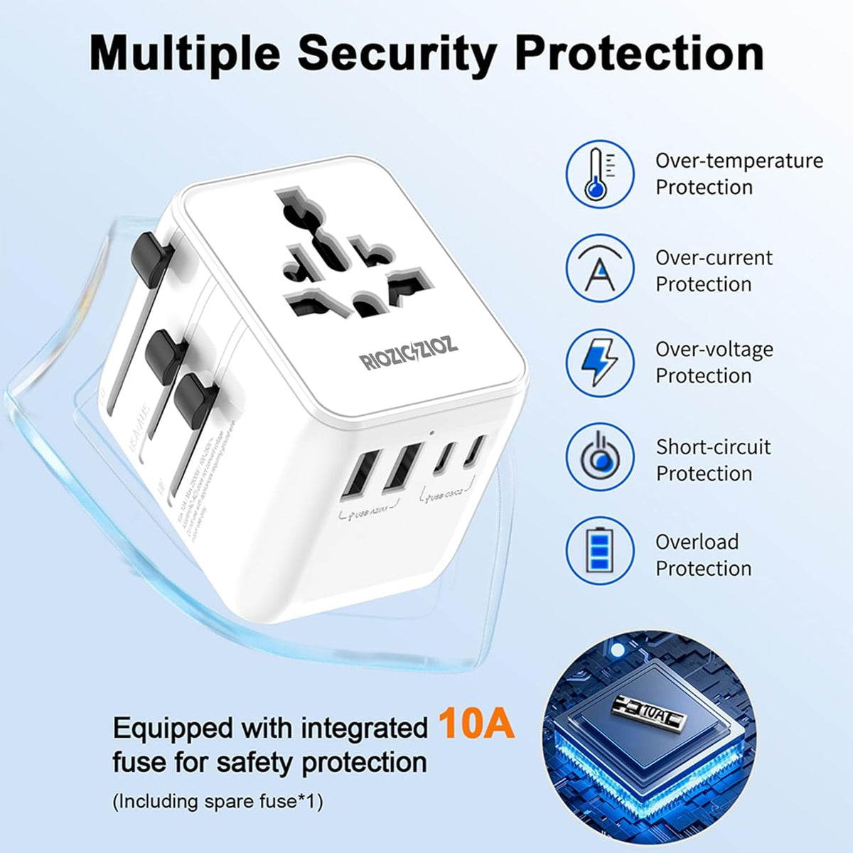 Universal Travel Adapter, RIOZIOZIOZ GaN III Worldwide Portable Adaptor with 70W PD Fast Charging, 7 Ports(2AC Socket&3USB-C&2USB-A), European Travel Essentials for EU/US/UK/AU/JP Power Plug