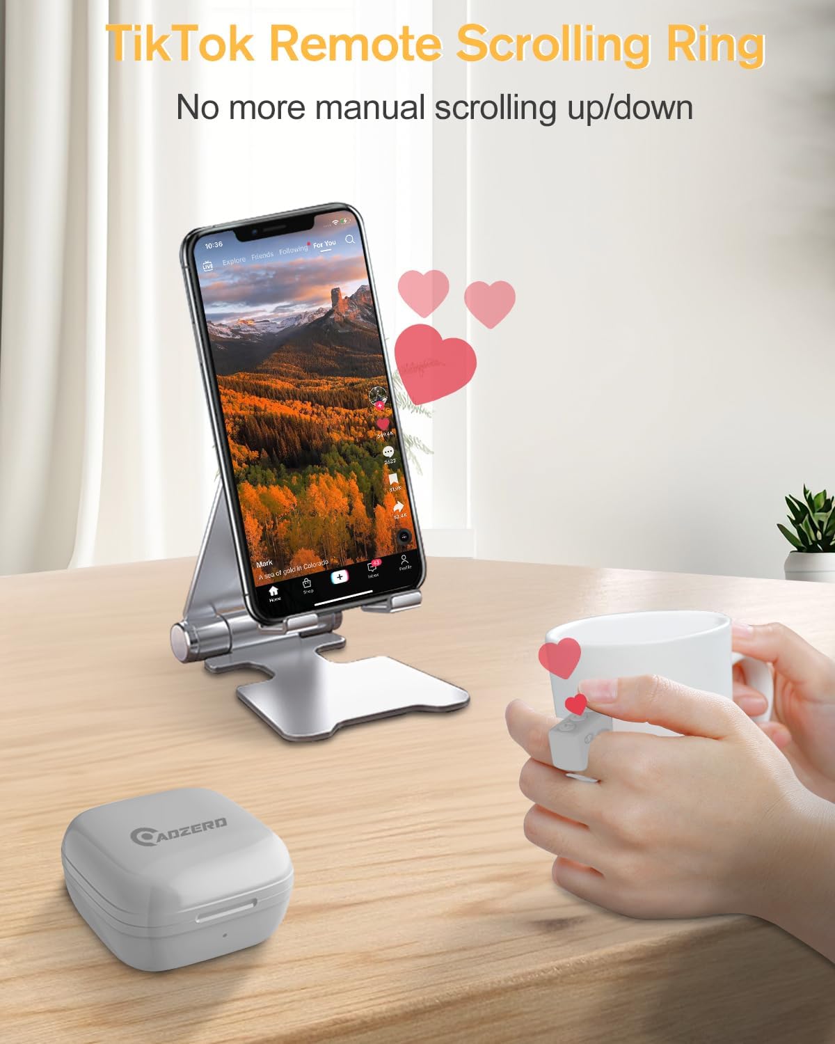 ADZERD Remote Control for TikTok, Page Turner for iPad iPhone, Bluetooth Camera Video Recording Remote, Scrolling Ring for TIK Tok, iPhone, iPad, iOS, Android - Grey