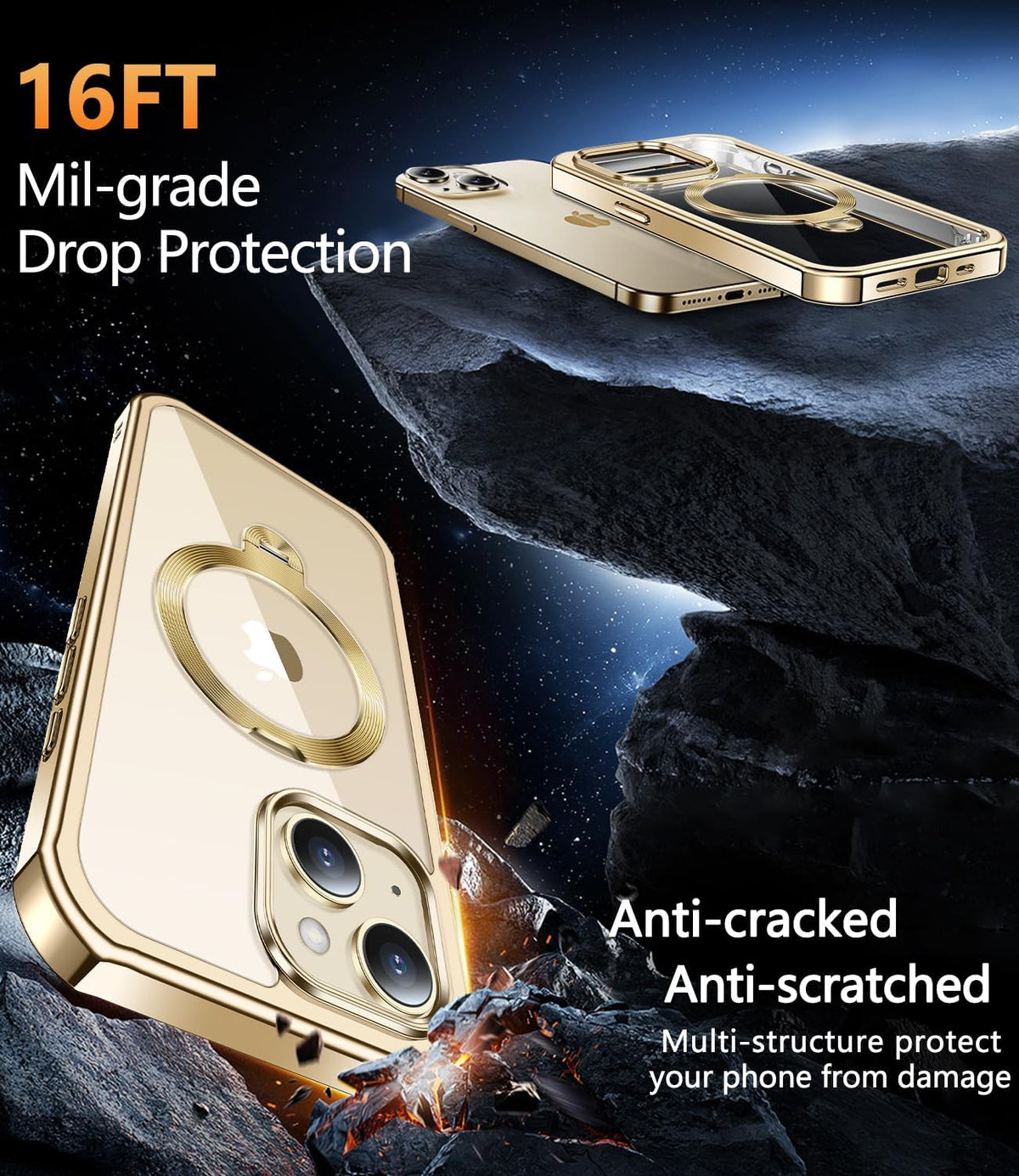 [360° Rotatable CD Stand & Built-in Privacy Screen Magnetic Case for iPhone 15 [Compatible with MagSafe & Full Signal] Mil-Grade Shockproof Full Body Anti-Spy Cover for 15-Gold