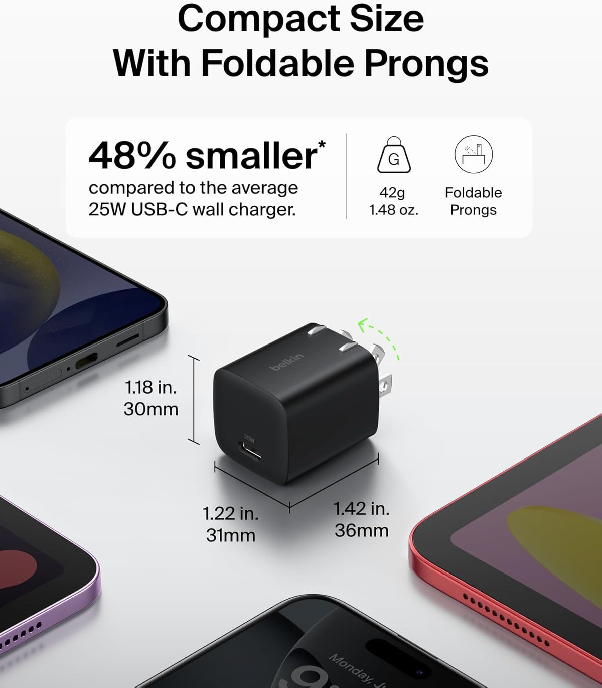Belkin USB C Charger Block 25W - USB C Cable Included – PD3.0 PPS Fast Charging for Samsung Galaxy S25, S24, S23, Apple iPhone 16, iPhone 15/14/13 Pro, Google Pixel 9, Nintendo Switch, etc - Black