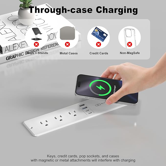 8 in 1 Recessed Power Strip with 15W Wireless Charger, 20W Fast Charging Furniture Outlet, Plug in 3 AC Outlets & 4 USB Ports Flush Mount, 6FT Cord