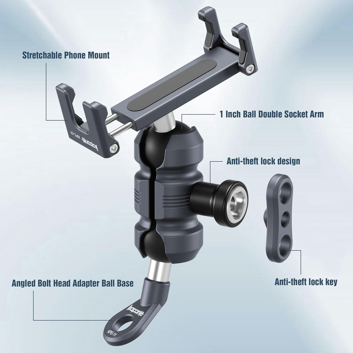 Motorcycle Phone Clip Kit, Anti-Theft Double Socket Arm/Angled Bolt-Head Adapter Ball Base for Mirrors Lever or Round Bar, Suitable for Width of 2.56-3.74" Phone (KPS-04)