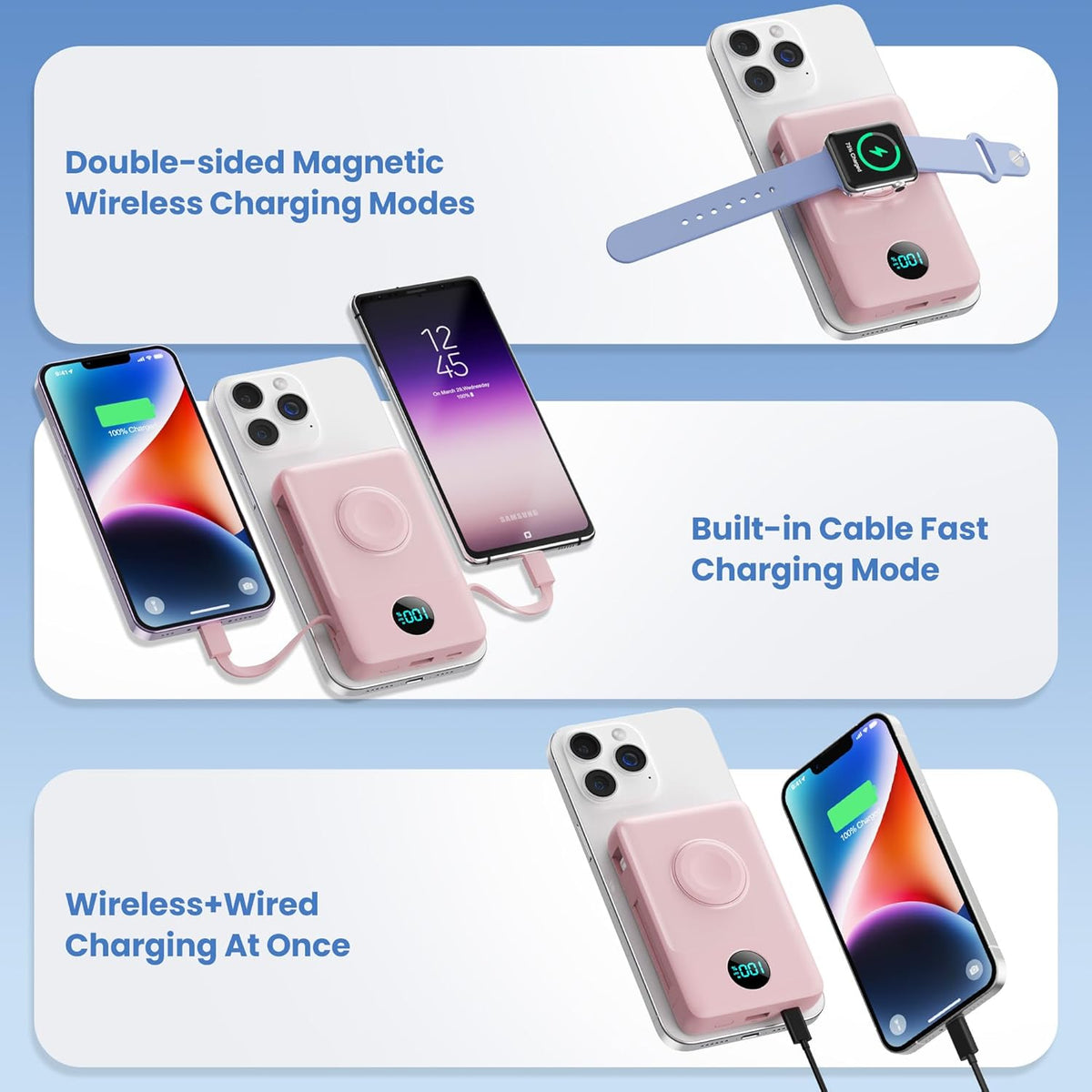 Magnetic Portable Charger 10800mAh with Built-in Cables, 6-in-1 Wireless Power Bank with iWatch Charger, 25W PD Fast Charging USB C Battery Pack for iPhone 16/15/14/13/12,Apple Watch(Pink)