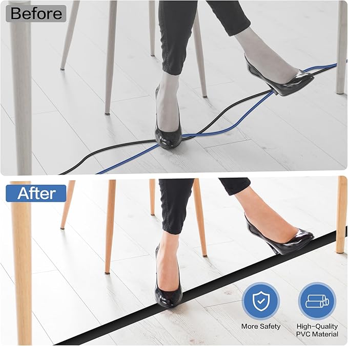 Floor Cord Cover Self Adhesive Cord Hider Floor Extension Cord Covers for Floor Power Cord Protector Cable Management Prevent Cable Trips Cable Cavity 0.47" W x 0.27" H (Black, 20Ft)