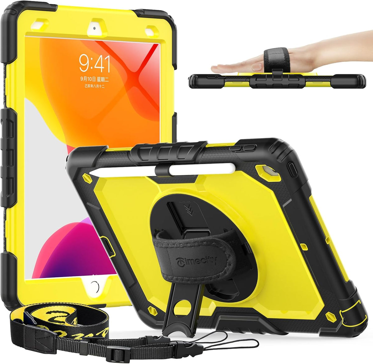 Timecity Case for iPad 9th/ 8th/ 7th Generation 10.2 inch - Heavy Duty Protective Cover with Screen Protector, Rotating Stand, Shoulder Strap & Pencil Holder | Kids-Friendly (Yellow)