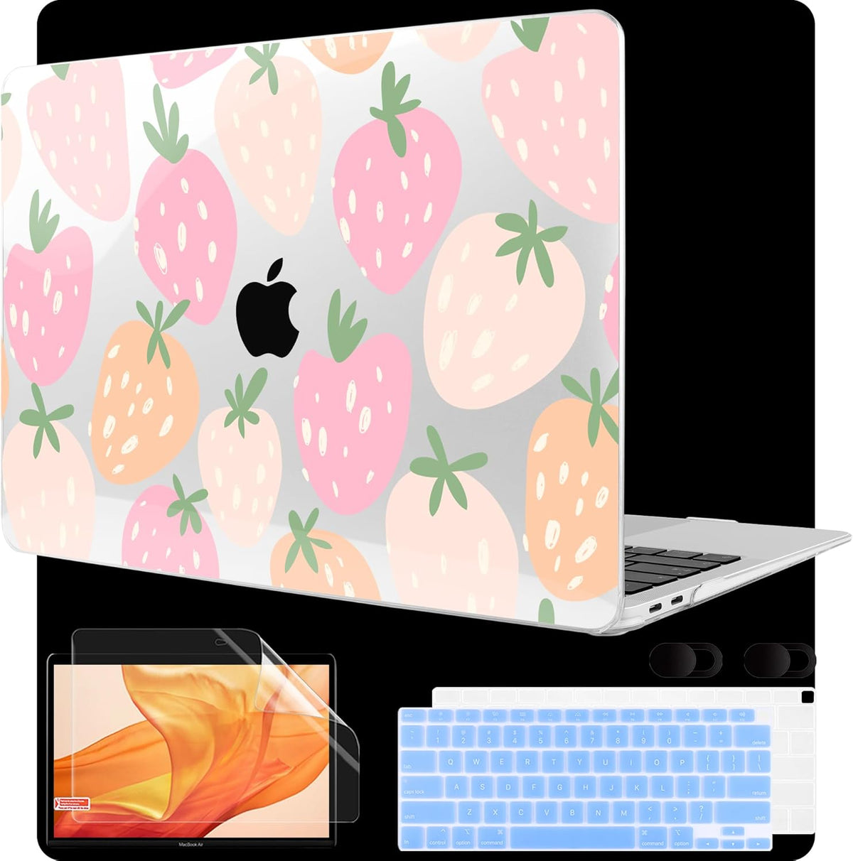 MEEgoodo for MacBook Air 13 inch Case 2021 2020 2019 2018 Released A2337 M1 A2179 A1932 with Touch ID, Plastic Hard Shell & Keyboard Cover Compatible with MacBook Air Case 13.3,Cute Drawn Strawberries