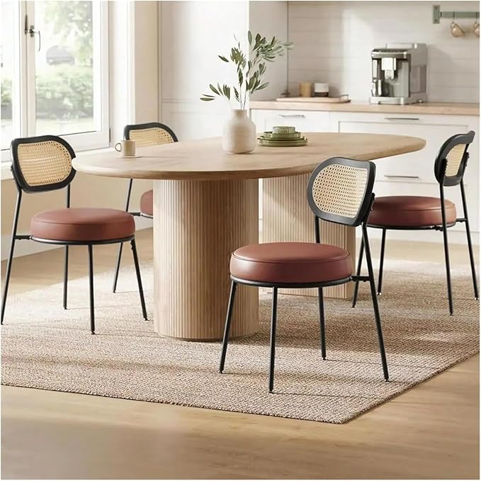 Adjustable Office Computer Chair with Armrest 1pcs Leather Upholstered Accent Dining Chairs with Woven Rattan Backrest(Coffee Brown)