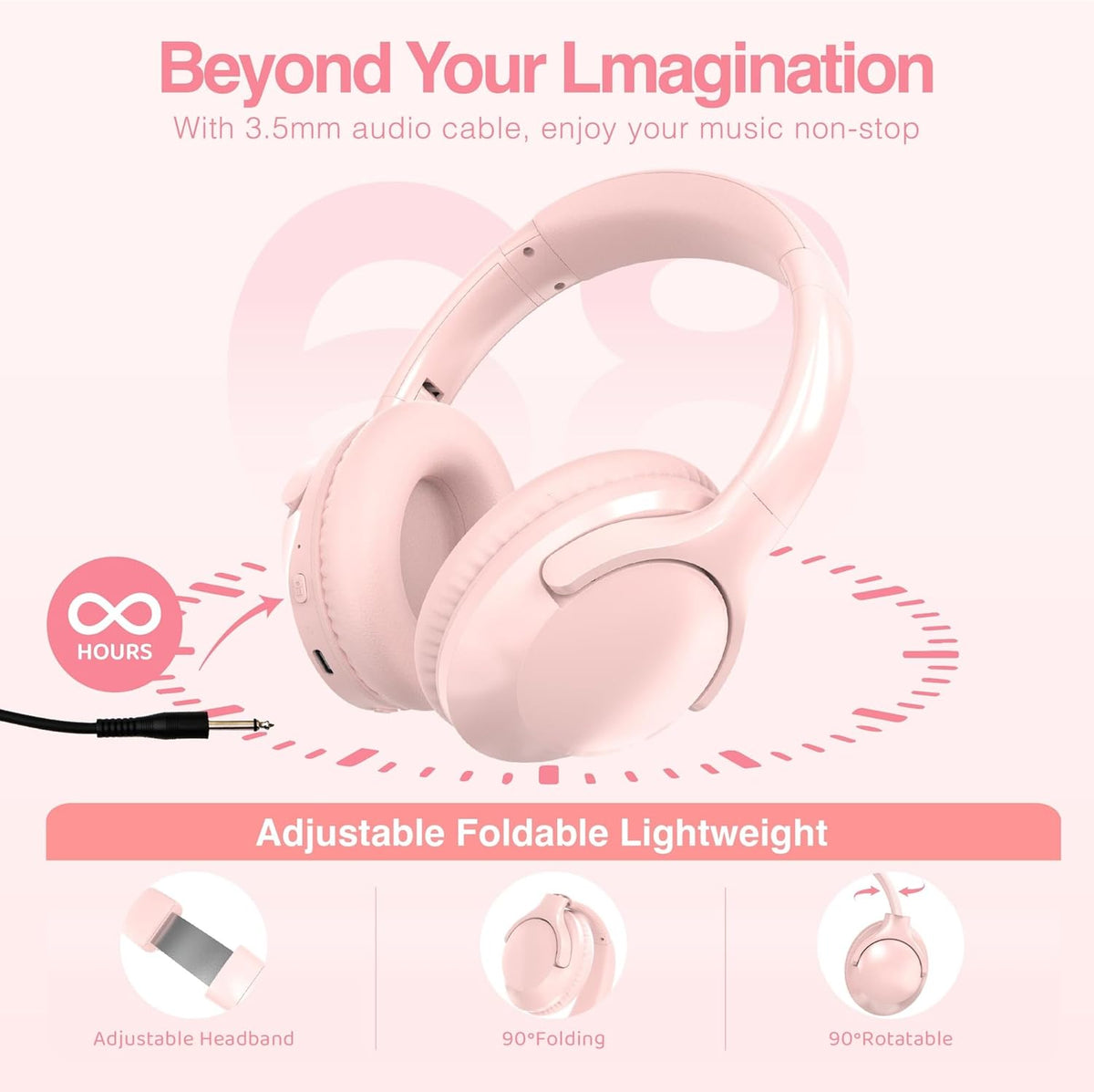 MIDOLA Bluetooth Headphones Over Ear 68H Playtime 6 EQ Wireless Headset with Microphone HiFi Stereo Foldable Lightweight Deep Bass for Travel Home Office Cellphone Pink