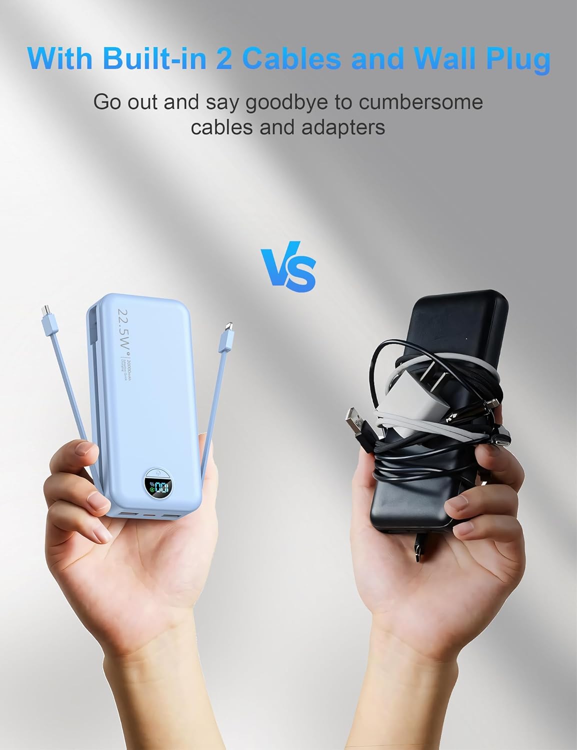 Portable Charger with Wall Plug, 20000mAh USB C Power Bank Fast Charging, External Battery Pack with Built in Cables, Digital Display, 5 Output 2 Input for iPhone Android Cell Phone Tablet