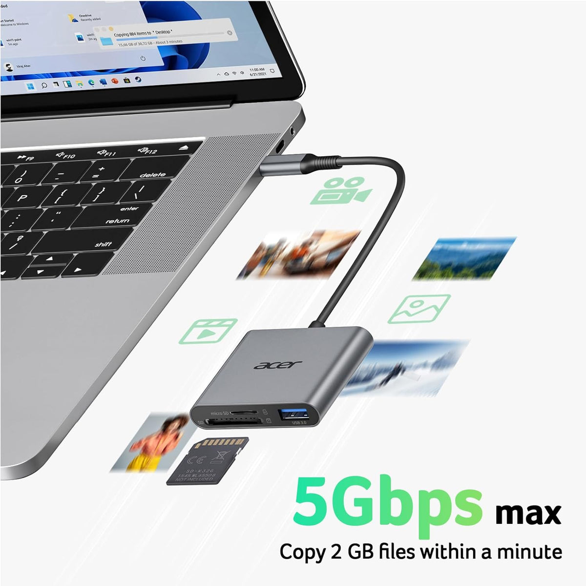 Acer SD Card Reader USB C, 3 in 1 Memory Card Reader with Dual Slots & USB 3.0, Micro SD Card Adapter for iPhone 16/15 Compatible with Camera, Android, MacBook Pro/Air, Laptop