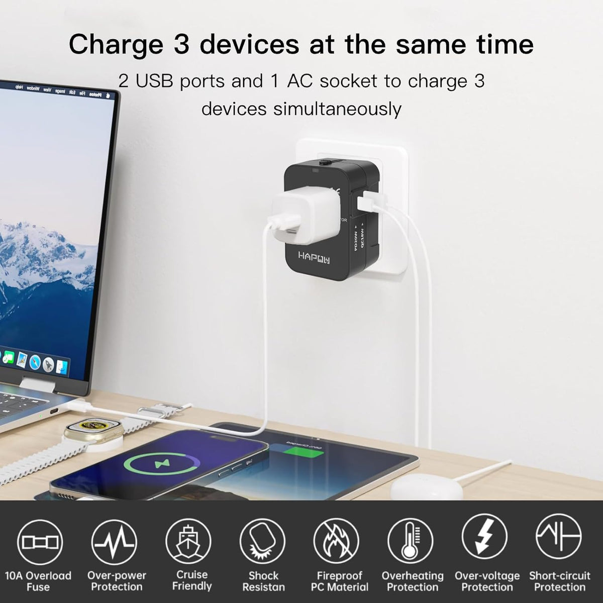 Universal Travel Adapter - 1 USB-C & 1 USB-A Fast Charging Travel Charger, Worldwide Plug Adapter for EU UK USA AU, Black
