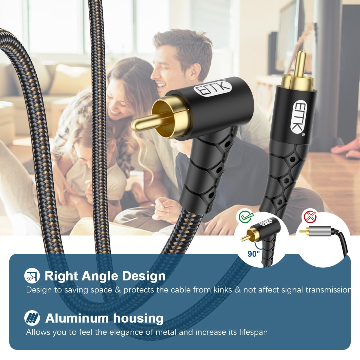 EMK 90 Degree RCA Subwoofer Cable 24K Gold-Plated Connector Nylon Braided Double Shielded – Support Digital & Analog Signals for Amplifier, Home Theater, Hi-Fi System,Subwoofer Black/3.3ft/1m