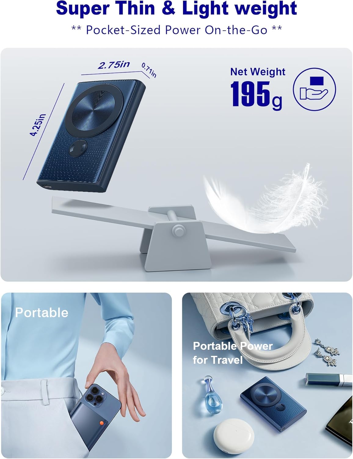 Kesguar Magnetic Portable Charger, 10000mAh 22.5W PD Super Fast Charging Wireless Power Bank. Ultra-Strong Magnet, USB C in&Out Battery Pack for Magsafe, iPhone 16/15/14/13/12 Pro Series, Dark Blue