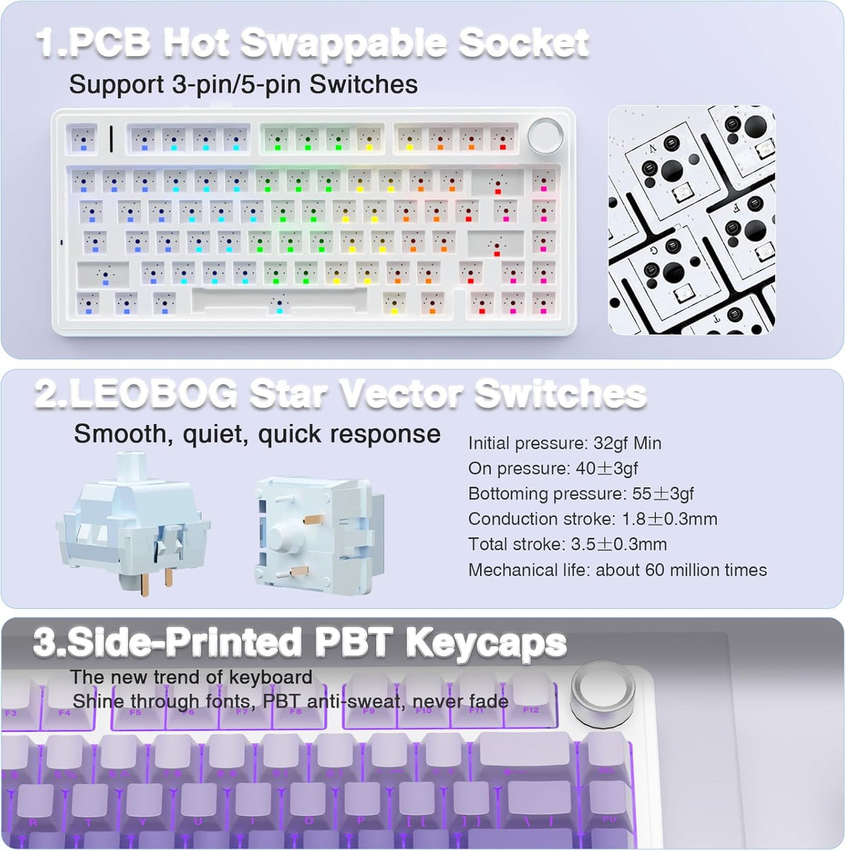 AULA F75 Pro Wireless Mechanical Keyboard,75% Hot Swappable Custom Keyboard,RGB Backlit,Pre-lubed Linear Switches,Side Printed PBT Keycaps Mechanical Gaming Keyboards,Gradient Purple