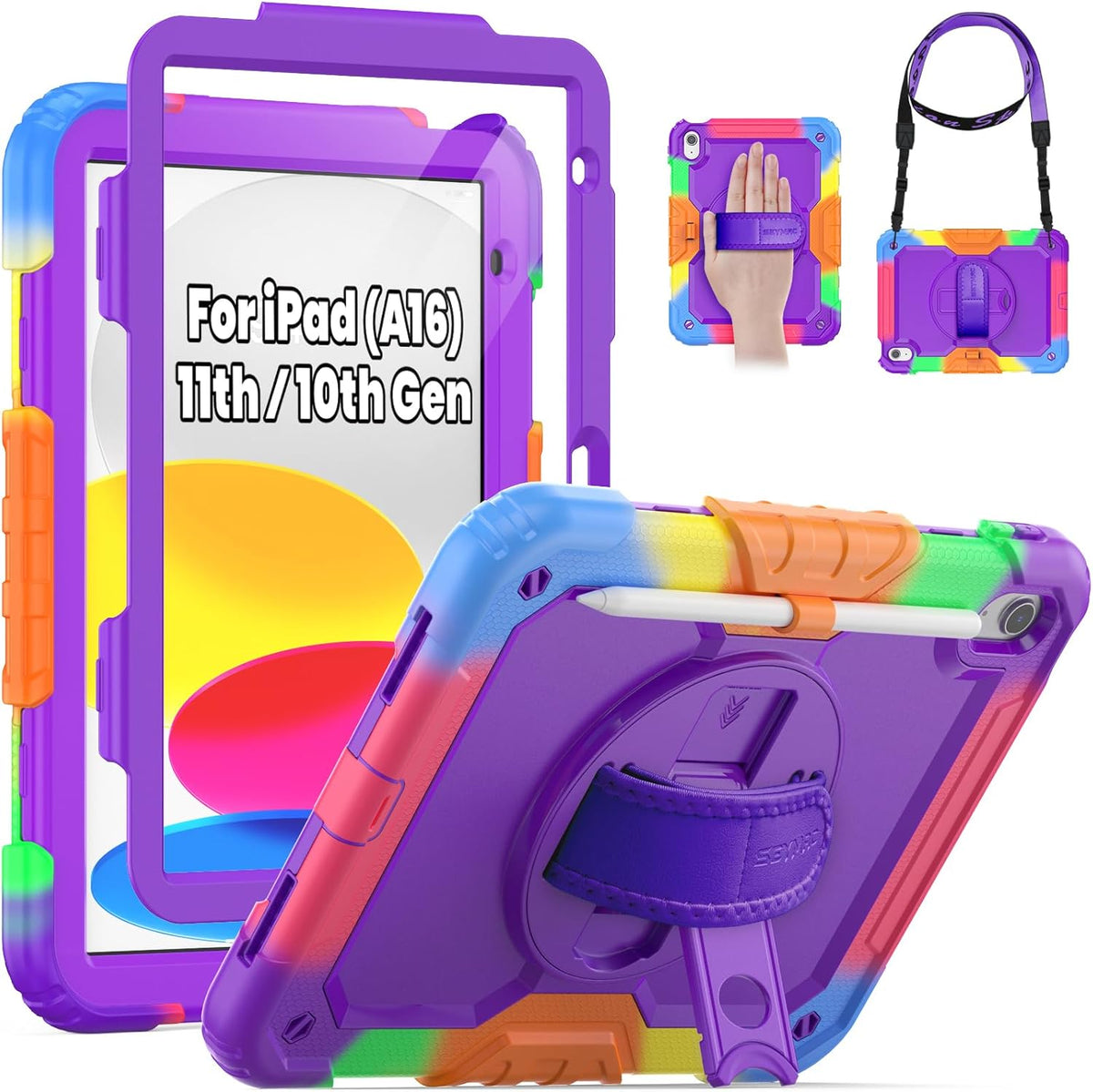 SEYMAC Case for iPad (A16) 11th/10th Generation 2025/2022 (11″/10.9″), Heavy Duty Full-Body Shockproof Protective Case with Screen Protector, Rotating Stand, Hand/Shoulder Strap, Colorful/Purple