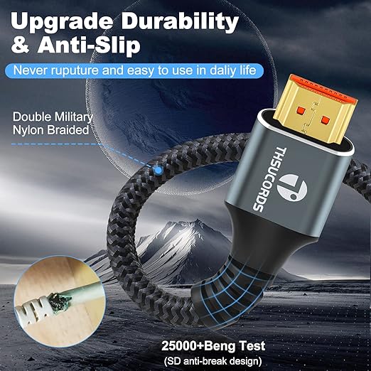 Thsucords 8K 4K HDMI Cable 3.3FT, High Speed Braided HDMI to HDMI 2.1 Cord Supports 8K@60Hz, 4K@120Hz 144Hz 48Gbps Compatible with Roku TV/PS5/HDTV/Blu-ray