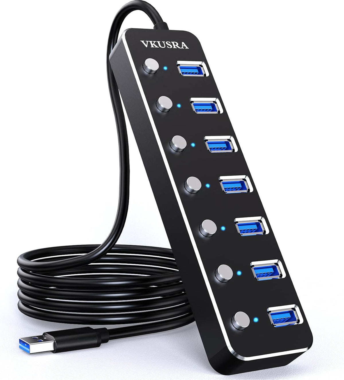 USB Hub, VKUSRA 7 Port USB Hub 3.0 with 4ft USB Long Cable, and Aluminum USB 3.0 Hub with Individual On/Off Switch and LED Indicator, USB Splitter for Laptop & PC, Power Adapter Not Included