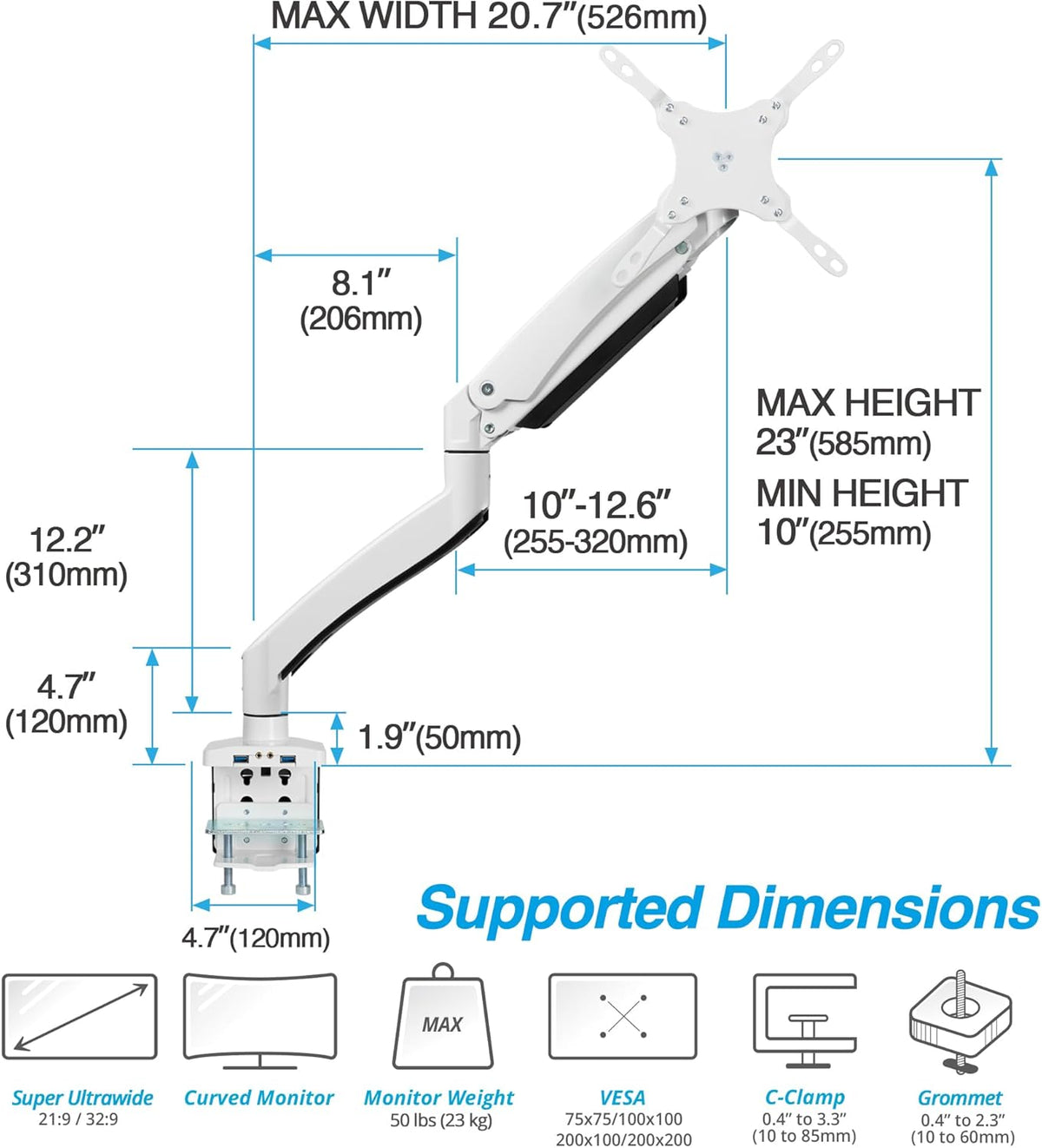 AVLT Single 17"-49" Super Ultrawide Monitor Arm for Screens Up to 50 lbs, Premium Aluminum Desk Stand, Adjustable Pneumatic Height, Full Motion Swivel Tilt Rotation, USB 3.0 & AUX Ports, White