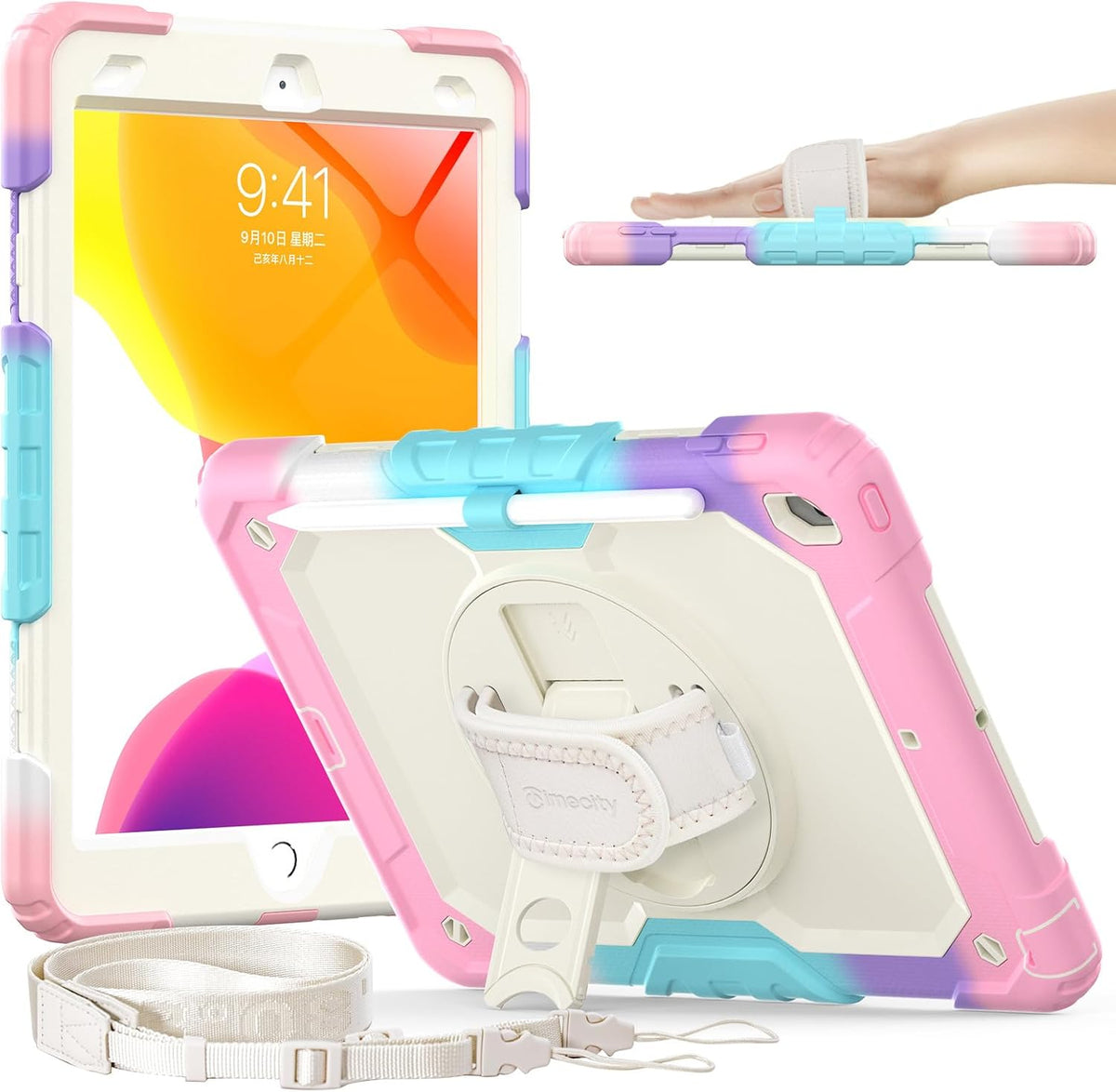 Timecity Case for iPad 9th/ 8th/ 7th Generation 10.2 inch - Heavy Duty Protective Cover with Screen Protector, Rotating Stand, Shoulder Strap & Pencil Holder | Kids-Friendly (Pink Camo)