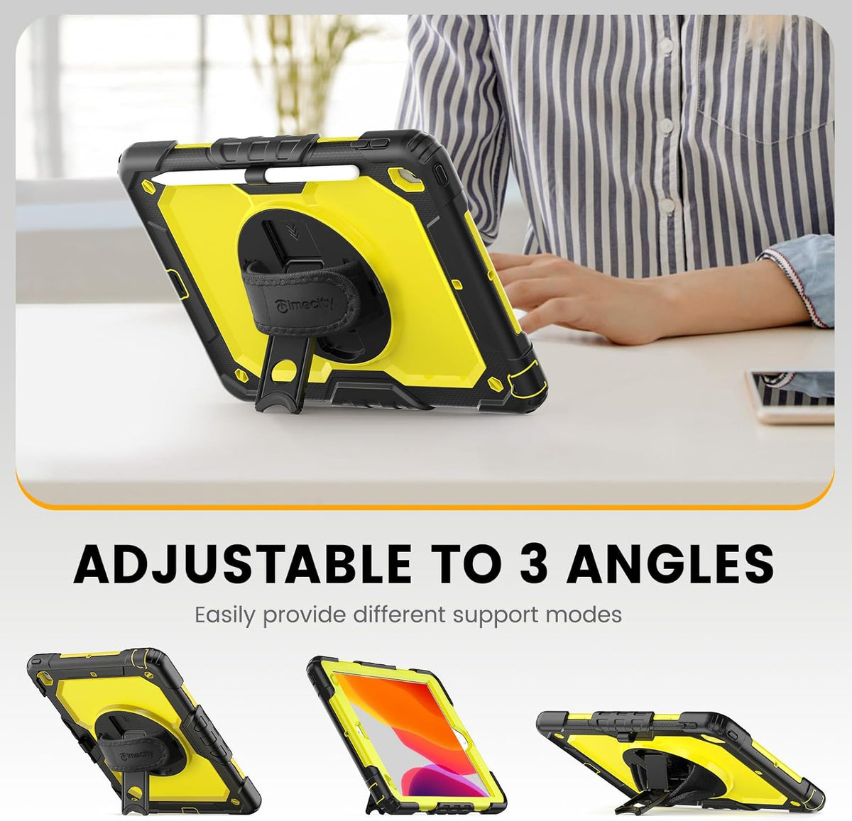 Timecity Case for iPad 9th/ 8th/ 7th Generation 10.2 inch - Heavy Duty Protective Cover with Screen Protector, Rotating Stand, Shoulder Strap & Pencil Holder | Kids-Friendly (Yellow)