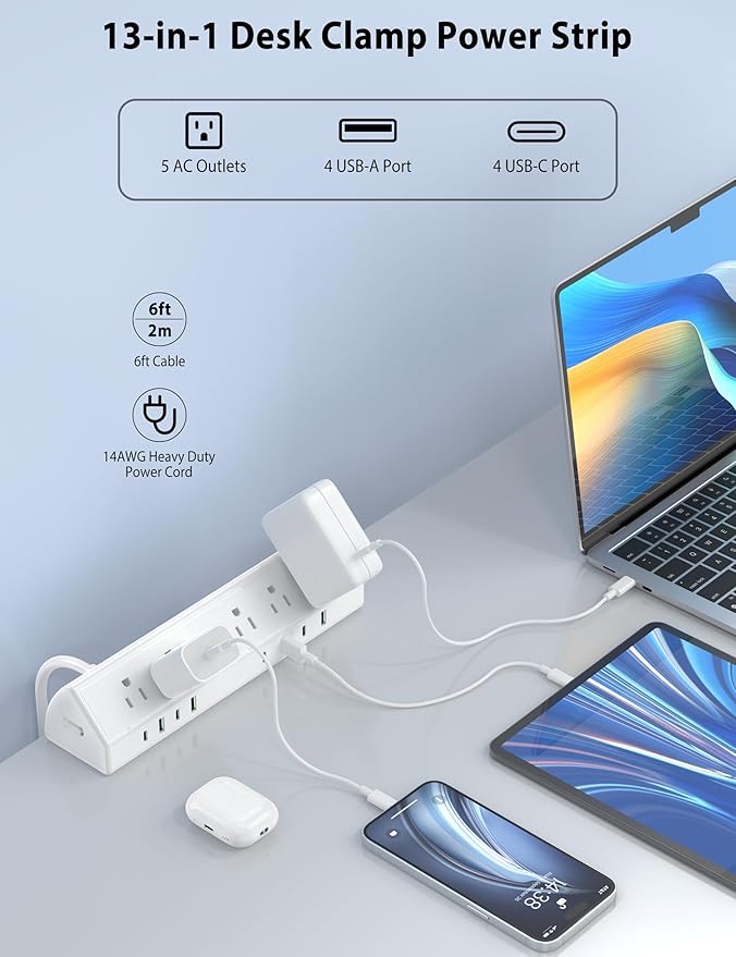 Jgstkcity Desk Clamp Power Strip USB C 45W,1200J Surge Protector