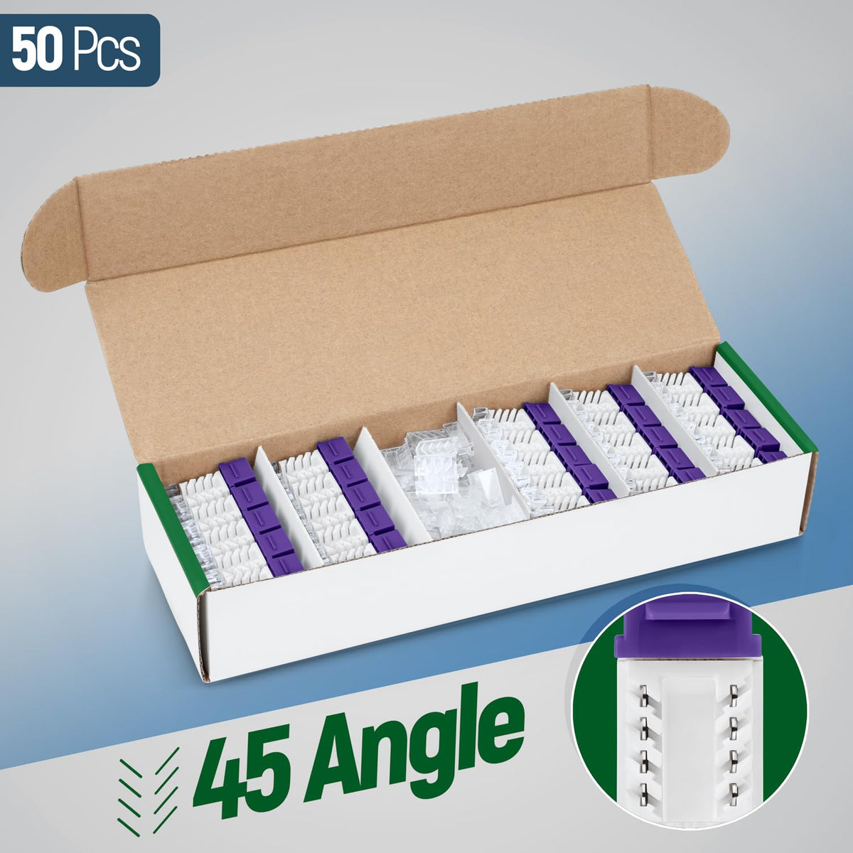 Everest 45° Angled RJ45 Cat6A Keystone Jacks 50-Pack in Purple - Slim Profile Female RJ45 Connectors - Cat 6A Keystone Jack - Compatible with 45° Angled Speed Termination Tool - 45Term (B0BL3GS7ZY)