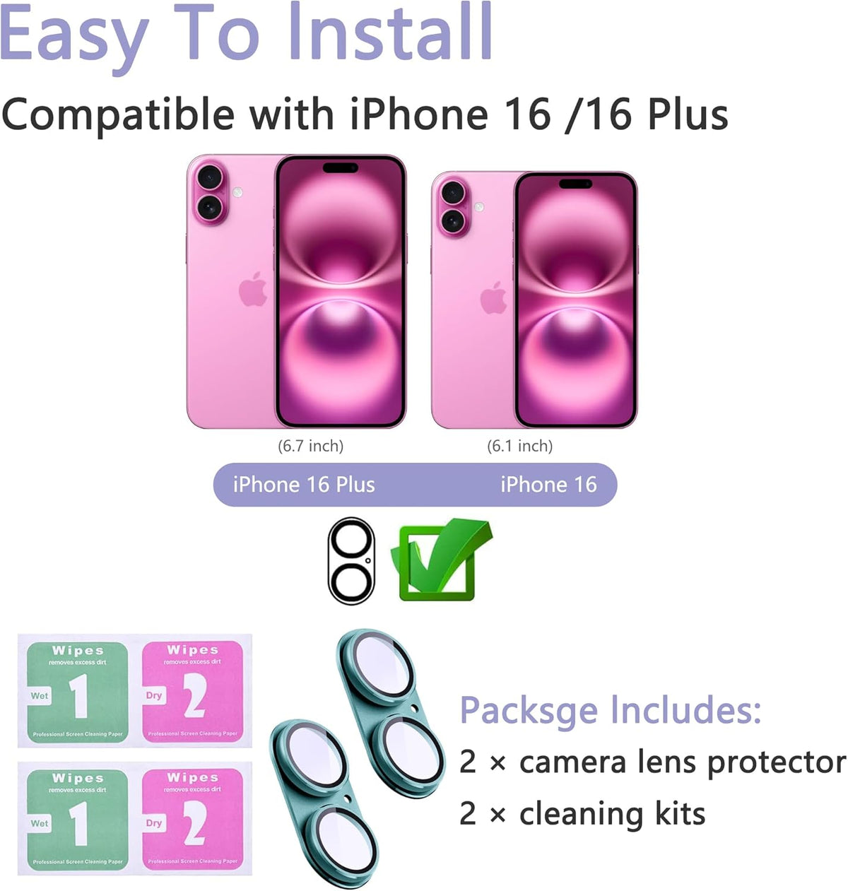 2 Pack Camera Lens Protector for iPhone 16 / iPhone 16 Plus,[Not Easy to Breakn ] AR Tempered Glass Strong Adsorption Metal Camera Cover Screen-Darkcyan