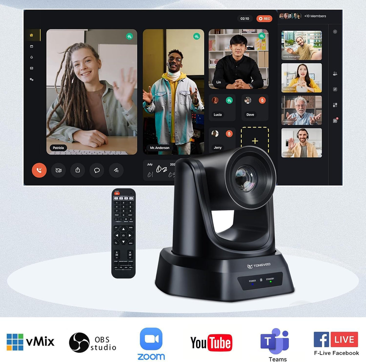 Wireless Conference Room Webcam, Church Live Streaming 10X USB 1080P 60fps PTZ Camera for Worship Services Online Conference, Works with Zoom, Skype OBS