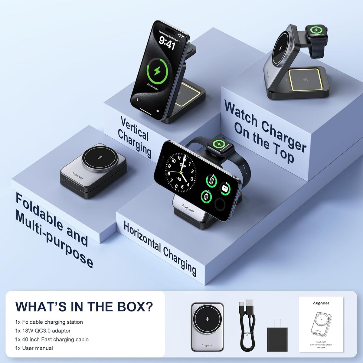 3 in 1 Charging Station for Multiple Devices Apple Compatible with Magsafe Charger Stand, 15W Foldable Cube Wireless Charger for 16/15/14/13/12 Series, Apple Watch, Airpod