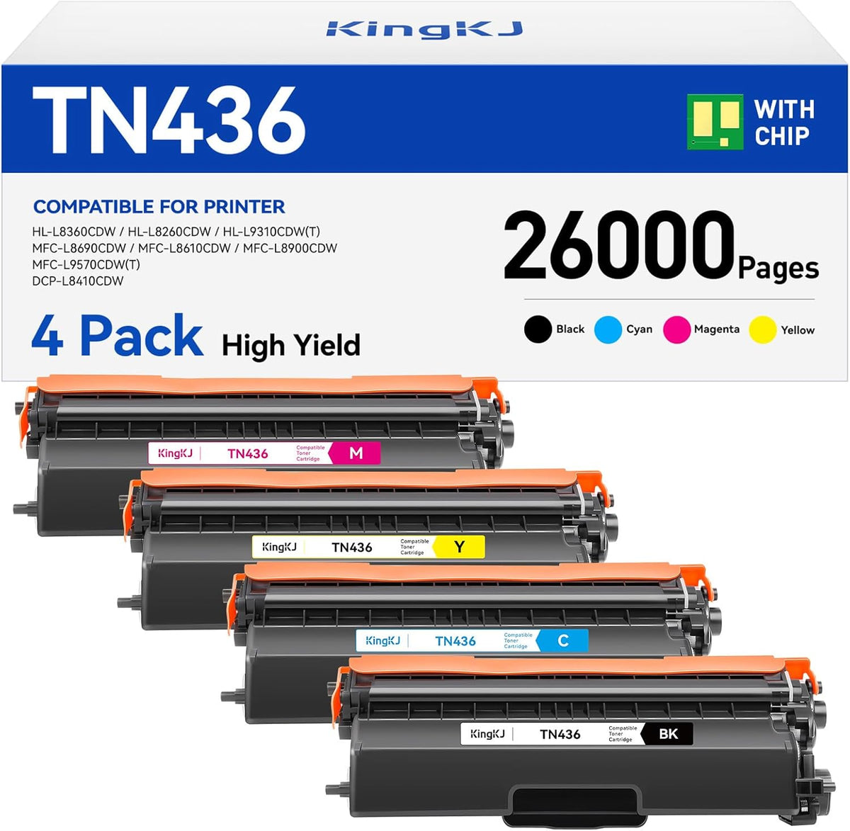 TN436 Toner Cartridge 4-Pack Replacement Compatible for Brother TN-436 TN433 TN431 MFC-L8900CDW MFC-L8690CDW HL-L8360CDW HL-L8260CDW MFC-L8610CDW MFC-L8905CDW MFC-L9570CDW HL-L8360CDWT Printer Set Ink