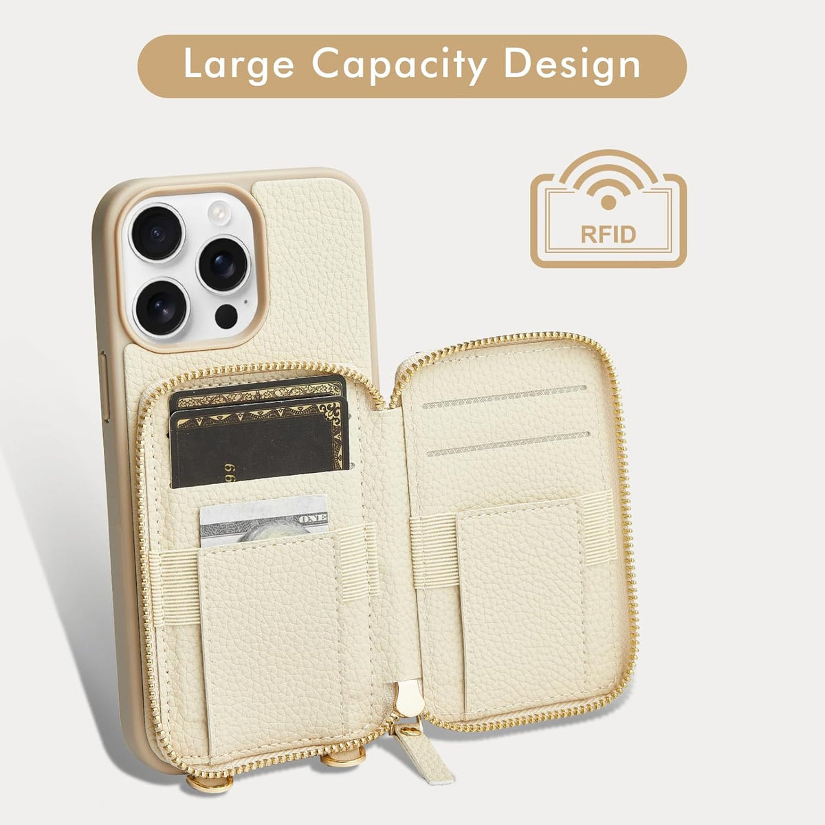 LAMEEKU for iPhone 14 Pro Max Wallet Case with Card Holder, Zipper Leather Crossbody Case with Kickstand Lanyard for Women, Cover with Phone Grip Holder Stand for Apple iPhone 14 Pro Max 6.7" Beige