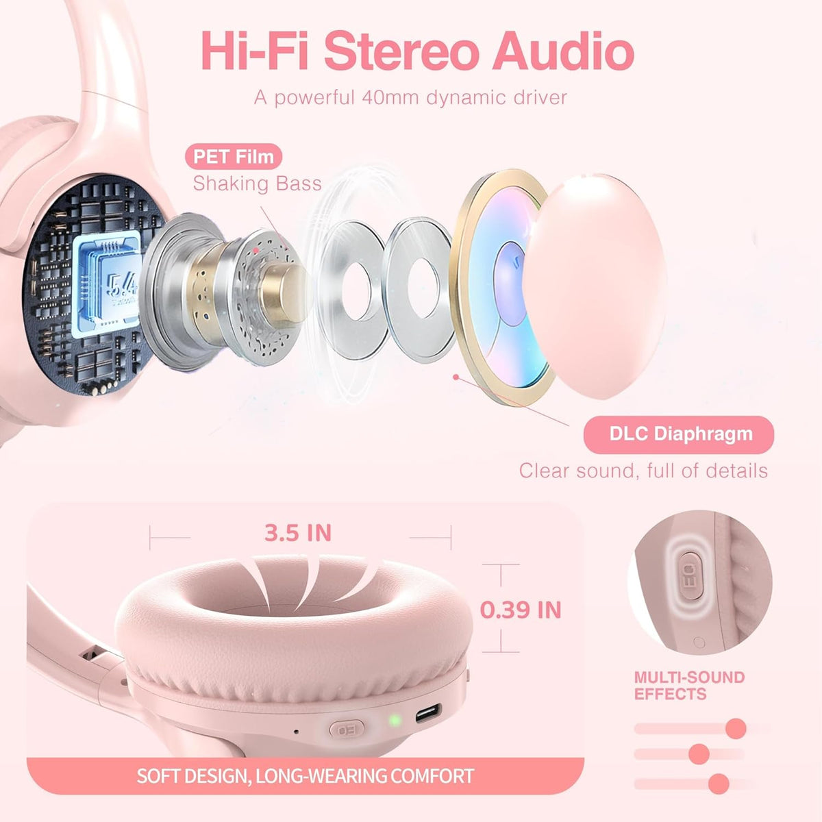 MIDOLA Bluetooth Headphones Over Ear 68H Playtime 6 EQ Wireless Headset with Microphone HiFi Stereo Foldable Lightweight Deep Bass for Travel Home Office Cellphone Pink
