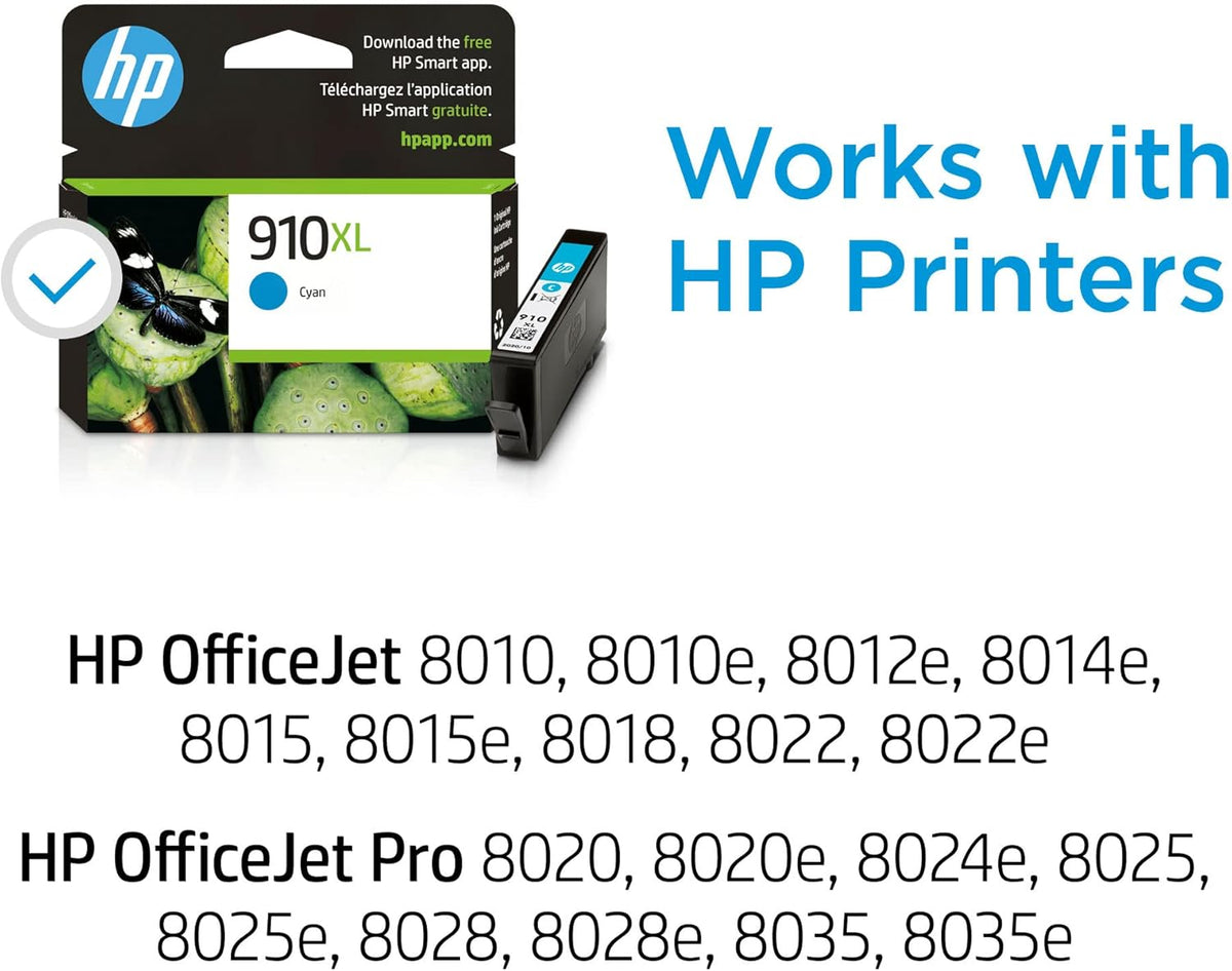 HP 910XL Cyan High-yield Ink Cartridge | Works with HP OfficeJet 8010, 8020 Series, HP OfficeJet Pro 8020, 8030 Series | Eligible for Instant Ink | 3YL62AN
