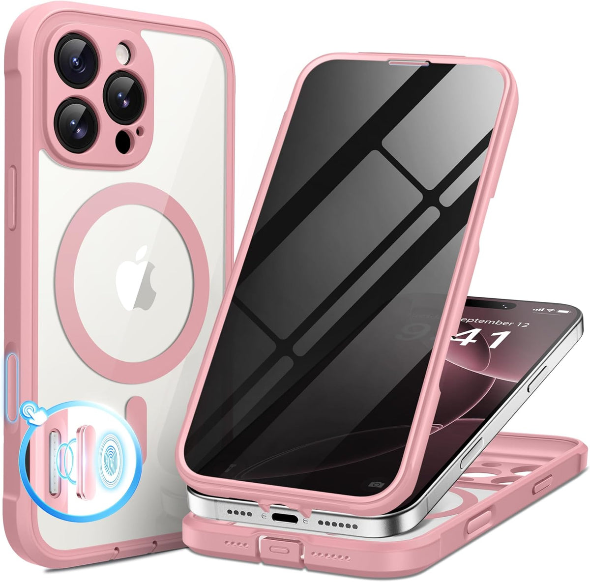 BERFY Magnetic for iPhone 16 Pro Case, Compatible with MagSafe, Built-in Privacy Screen Protector and Upgraded Camera Protection, Anti-Spy Full Body Shockproof Phone Case for 16 Pro 6.3", Pink