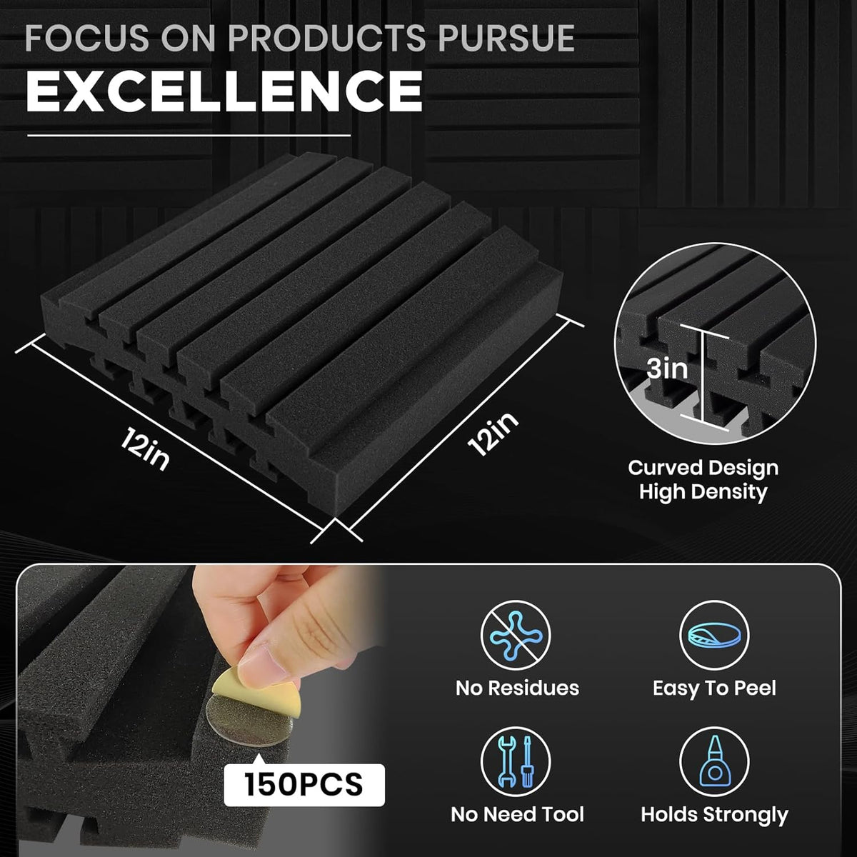Focusound 18 Pack Curved Acoustic Foam Panels 3" x 12" x 12" Sound Proof Foam Panels Soundproofing Noise Cancelling Wedge Panels for Home Office Recoding Studio with 150 PCS Double-Side Adhesive