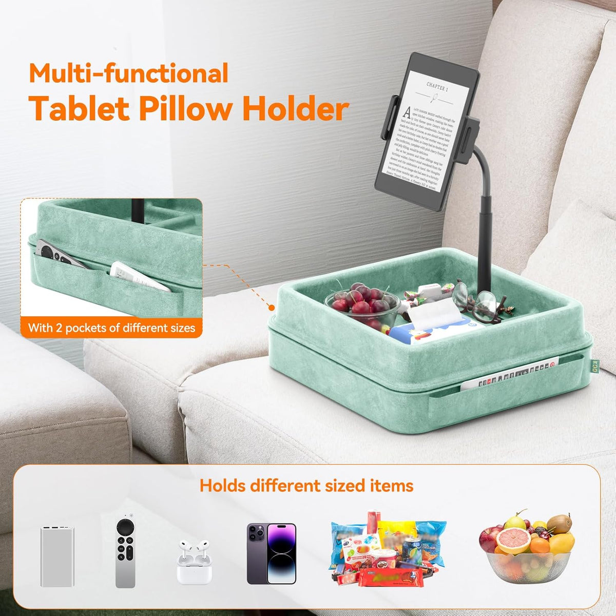 KDD Tablet Pillow Holder - 360°Adjustable iPad Pillow Stand for Lap, Bed and Desk - Gooseneck Tablet Soft Pad Dock with Storage Tray and Pocket Compatible with iPad Pro 12.9, Air Mini, Phone,(Green)