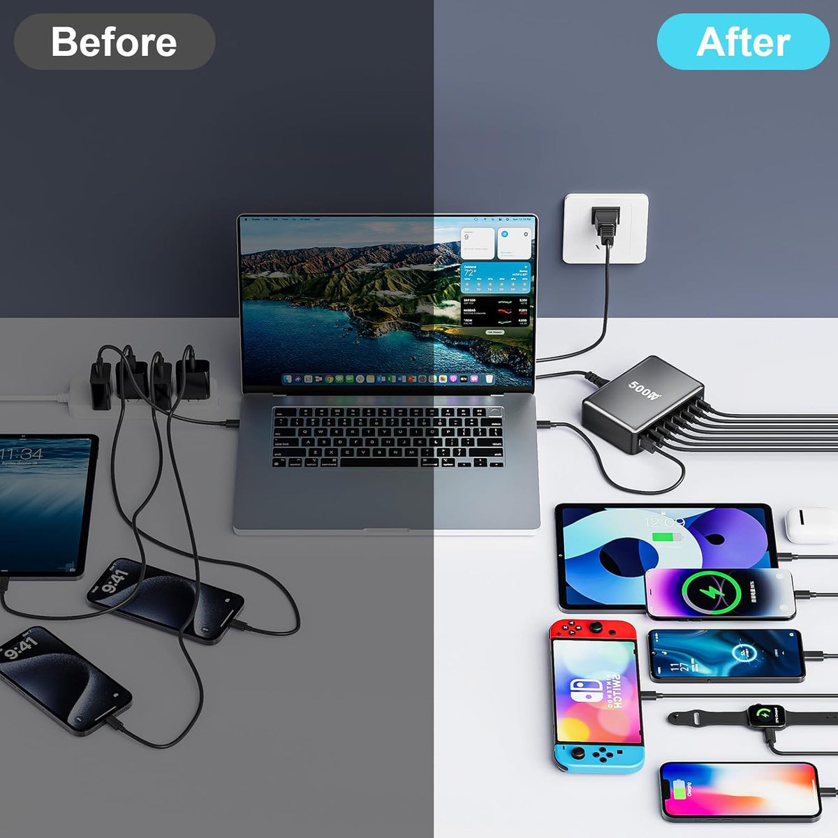 500W USB C Fast Charger Block, 8 Port USB Charging Station, GaN Ⅲ Pro Double 100W PD PPS Port Fast Charging Station for Multiple Devices,Laptop Wall Charger Compatible with MacBook/iPhone 16/iPad etc