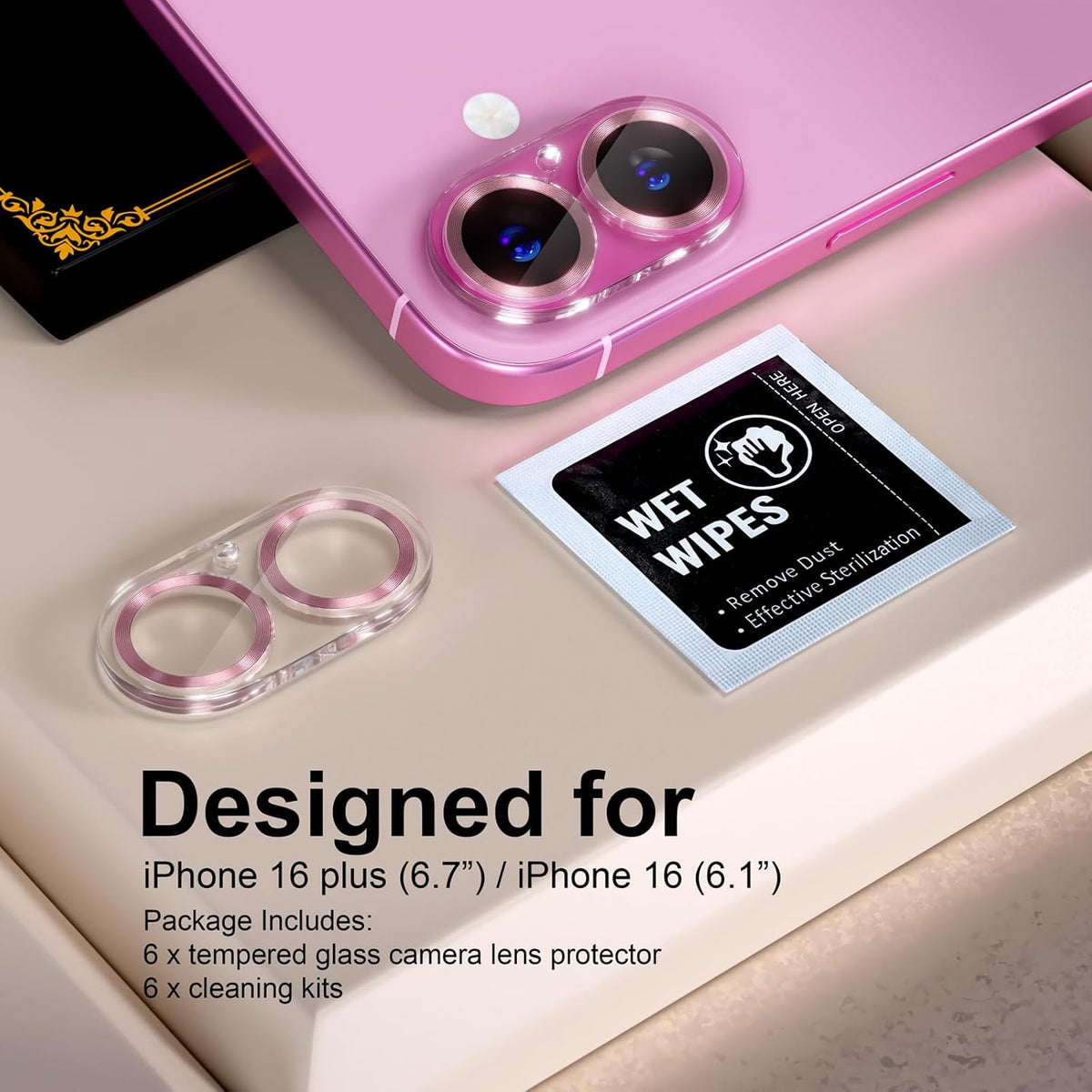 beuxece for 6 Pack iPhone 16 / iPhone 16 Plus Camera Lens Protector [Drop Protection] [Case Friendly] [Easy Installation] 9H Tempered Glass Camera Screen Protector Cover Accessories, CD Pink