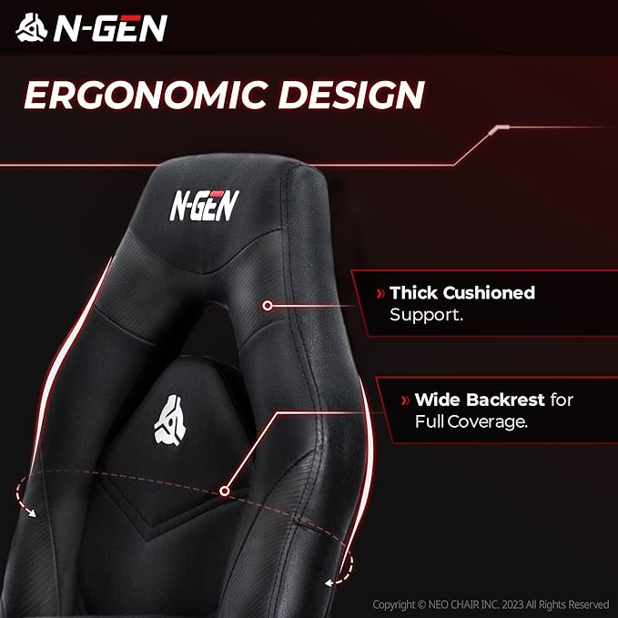 N-GEN Video Gaming Chair Ergonomic Computer Desk Office Chair with Lumbar Support Adjustable Height Swivel Wheels Flip-Up Arms PU Leather Home and Office (Black)