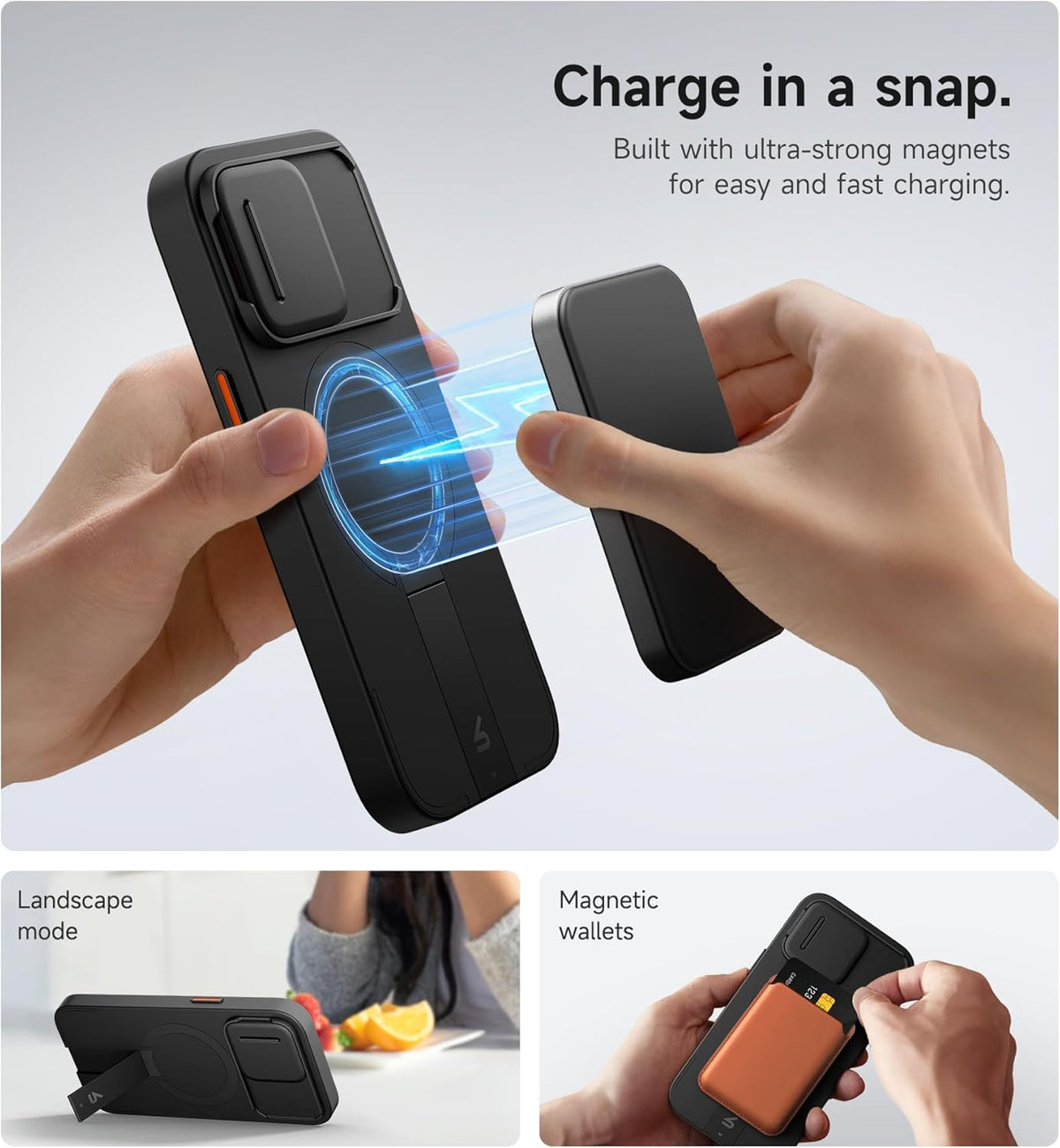 SURITCH for iPhone 13 Pro Case with Magnetic Camera Slide Cover and Adjustable Kickstand, Compatible with MagSafe, Shockproof Bumper Case Slim Protective Cover for iPhone 13 Pro 6.1 Inch, Black