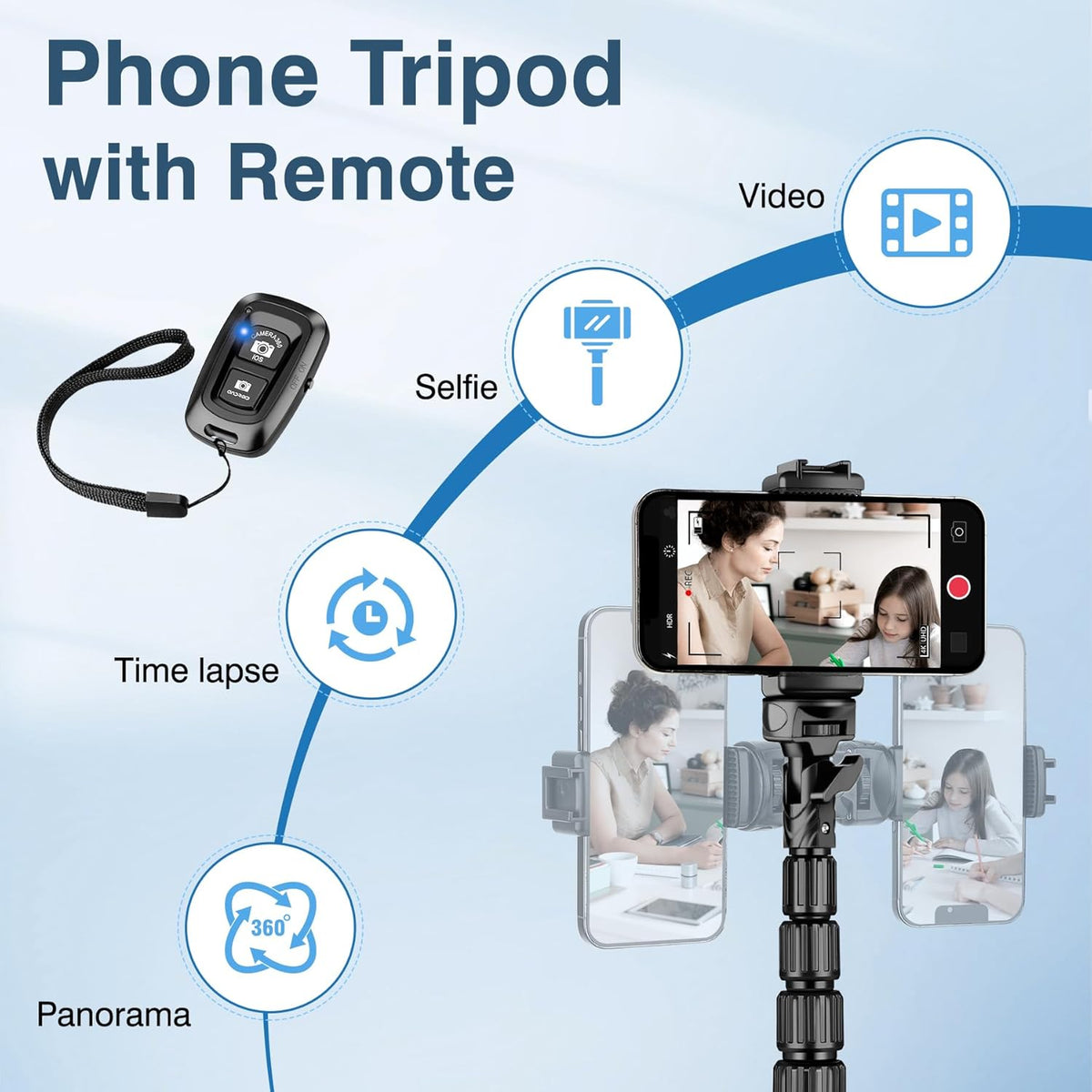 88" Tripod for iPhone, Phone Tripod with Gooseneck and Remote, Portable Cell Phone Tripod Compatible with Smartphone/Camera/Gopro, iPhone Tripod Stand for Video Recording Selfies Vlogging