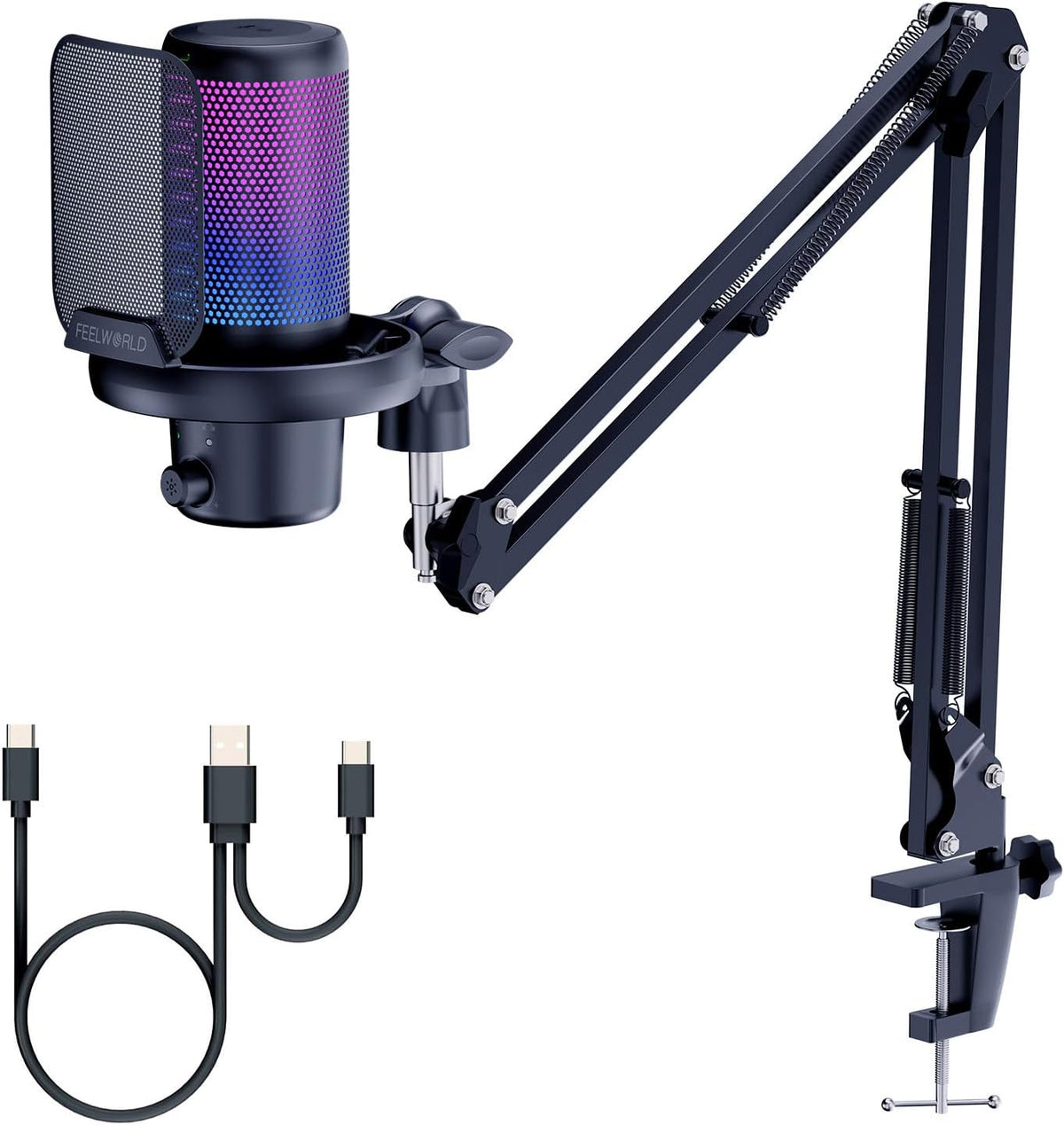 FEELWORLD VM1 Gaming PC USB Microphone Condenser Mic with Noise Cancellation Mute RGB Light, Computer Accessories Gifts for Gamer YouTube Twitch Podcast Streaming Recording Online Chat PS4 PS5