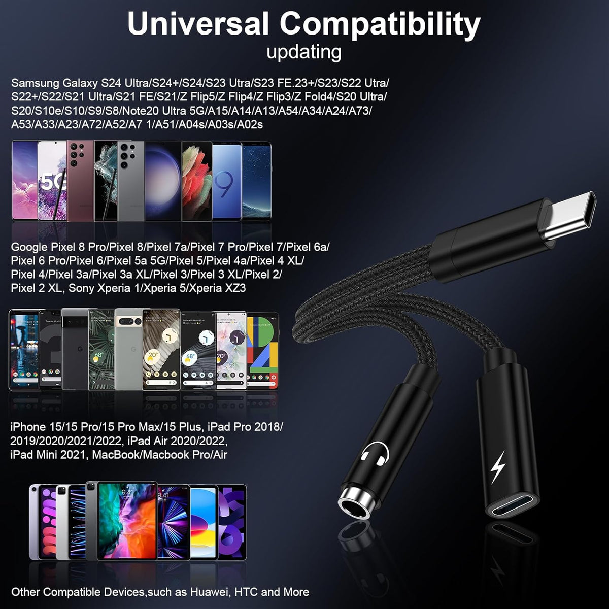Samsung Galaxy S25 Headphone Adapter, 2 in 1 USB C to 3.5mm Aux Audio Jack with 60W Fast Charging Dongle Cable for Galaxy S25 S24 S23 Ultra A17 A56 A16 A15 A14 A54 iPhone 17 16 15 Pro Max Pixel 10 9 8