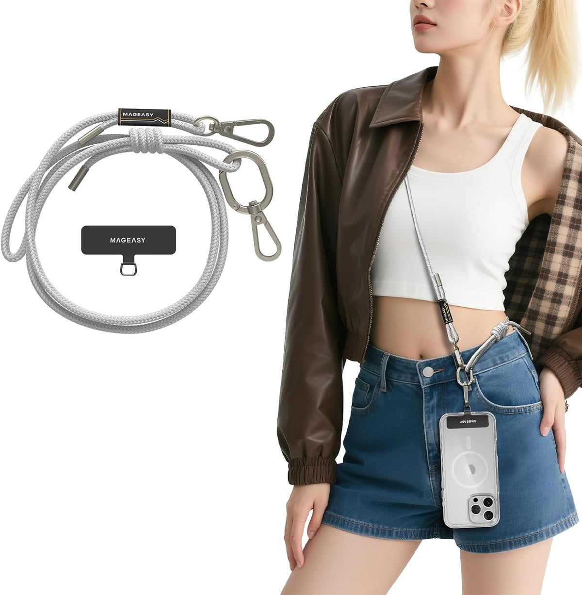 MAGEASY Universal Cell Phone Lanyard - Anti-Theft Rope Crossbody Phone Strap for iPhone 16 Pro Max & Most Smartphones, for Men & Women | 6mm Misty Gray
